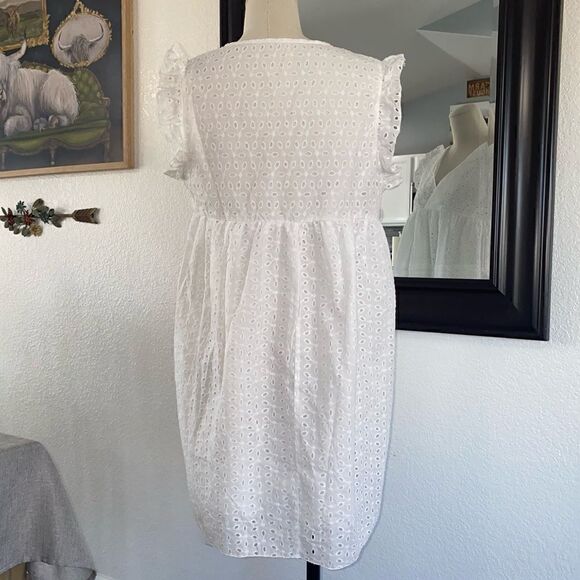 Womens V-Neck Flutter Sleeve Eyelet Detail Fit & Flare Dress White Large - Picture 5 of 9